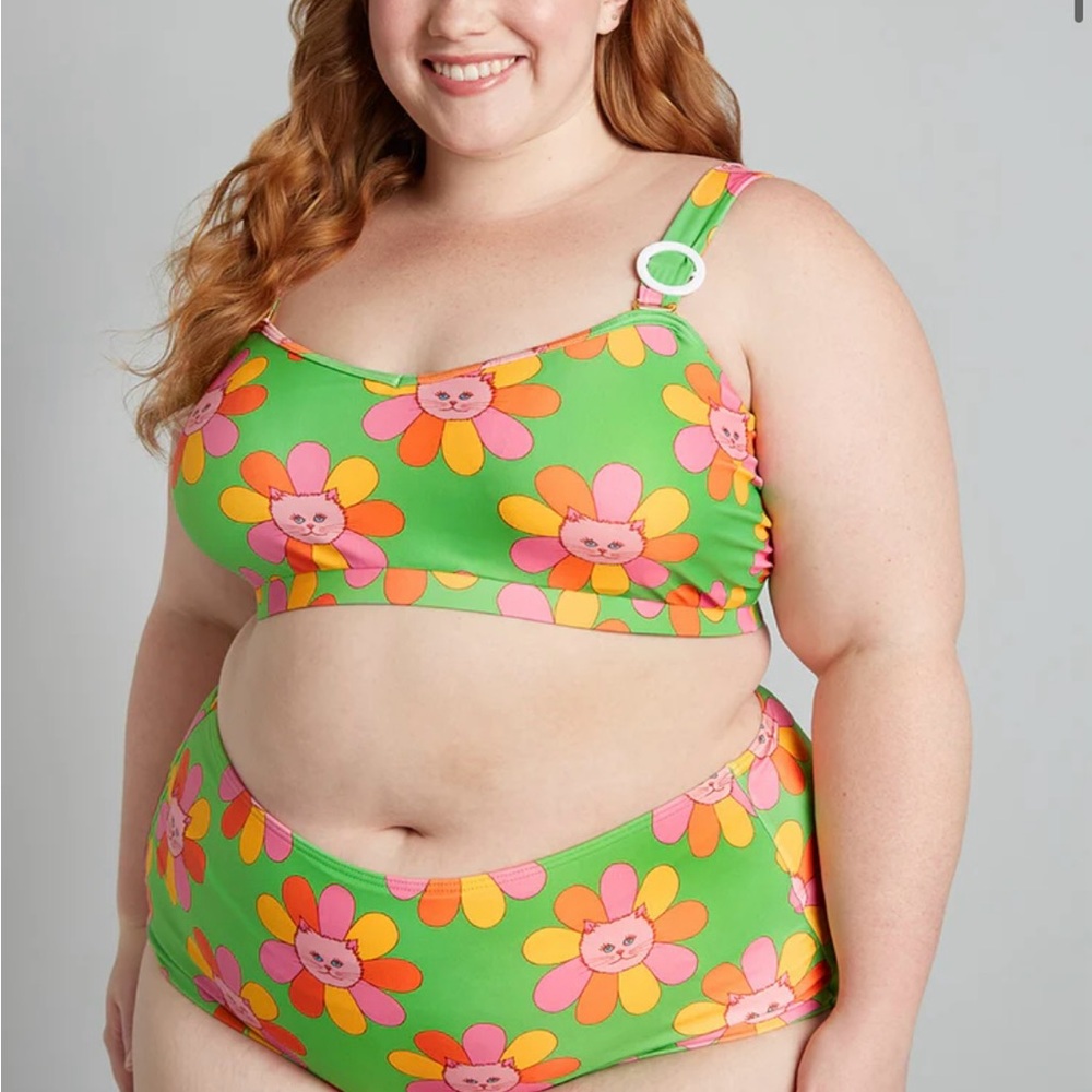 Modcloth Green and Pink Floral Bikini Set